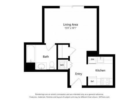 Floor plan for studio, 1 bath, 424 sqft